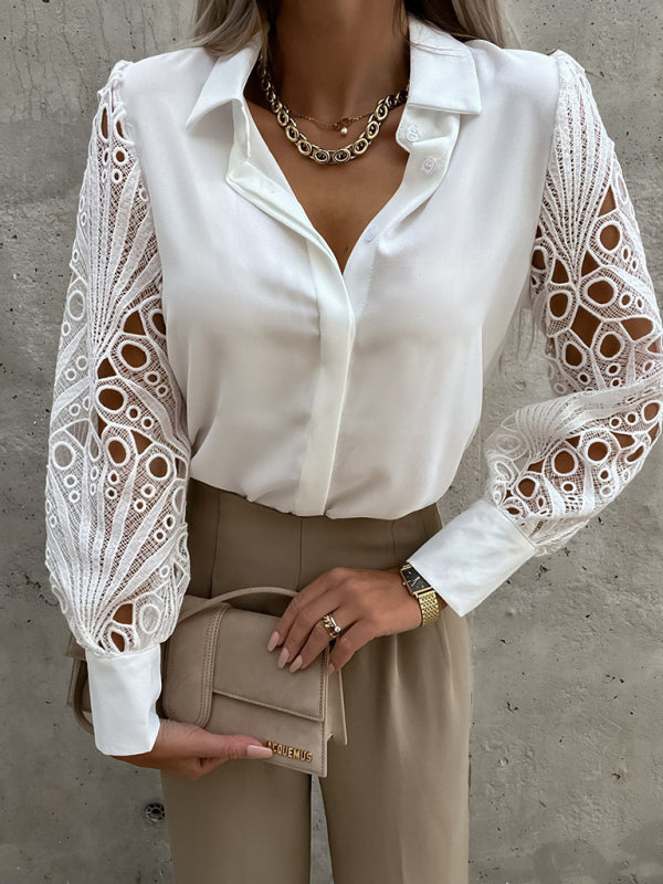 Women’s Solid Color Lace Sleeve Buttons Cuffs Button Front Shirt Blouse - AnnieMae21