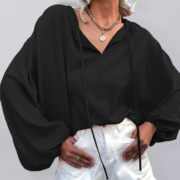 Women's Solid Color Tie Neck Balloon Sleeve Blouse - AnnieMae21