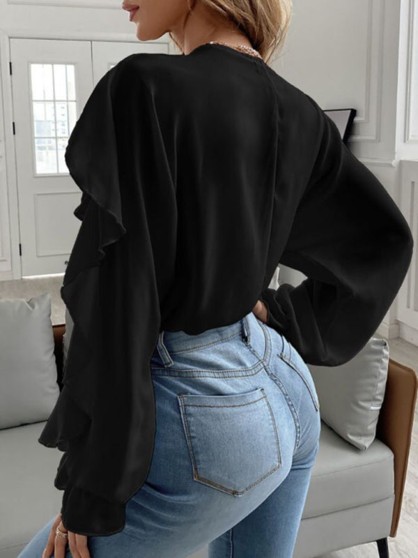 V Neck Ruffle Top Shirt Long Sleeves - AnnieMae21