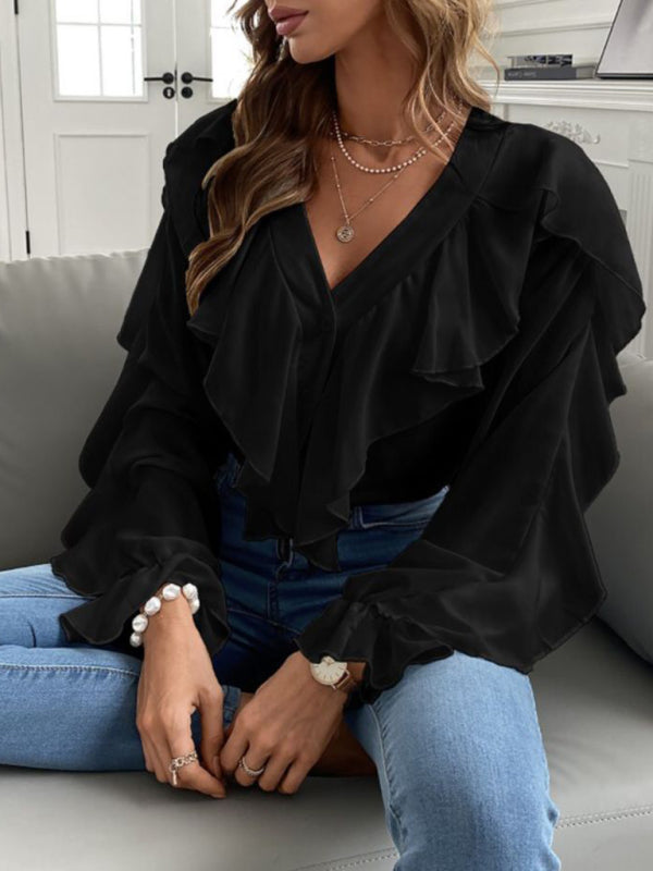V Neck Ruffle Top Shirt Long Sleeves - AnnieMae21