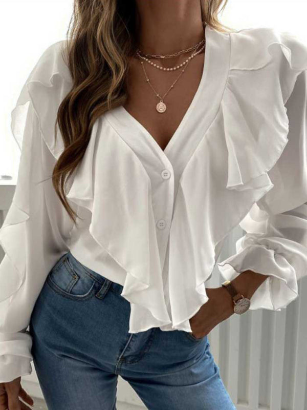 V Neck Ruffle Top Shirt Long Sleeves - AnnieMae21
