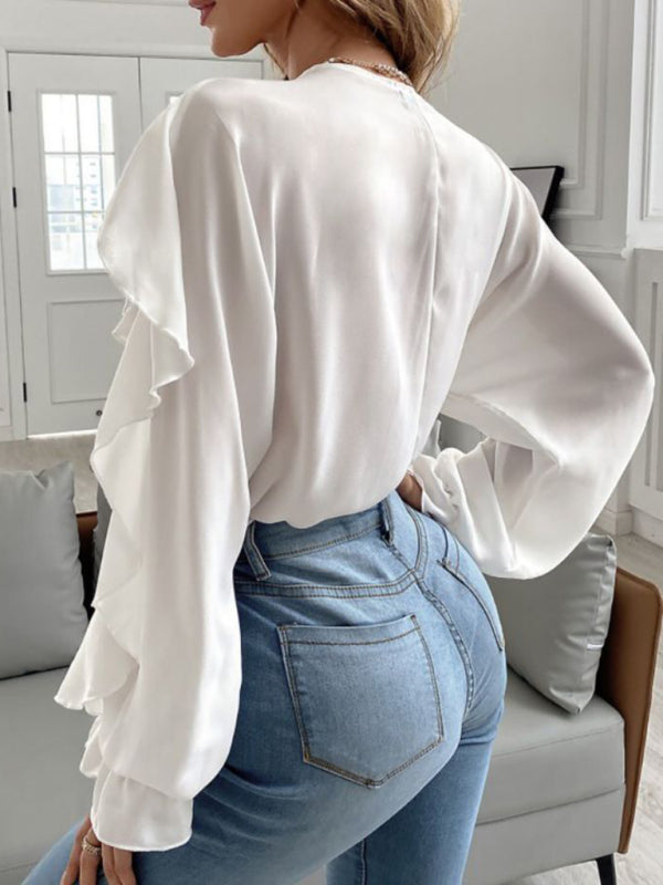 V Neck Ruffle Top Shirt Long Sleeves - AnnieMae21