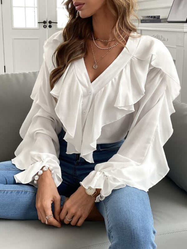 V Neck Ruffle Top Shirt Long Sleeves - AnnieMae21