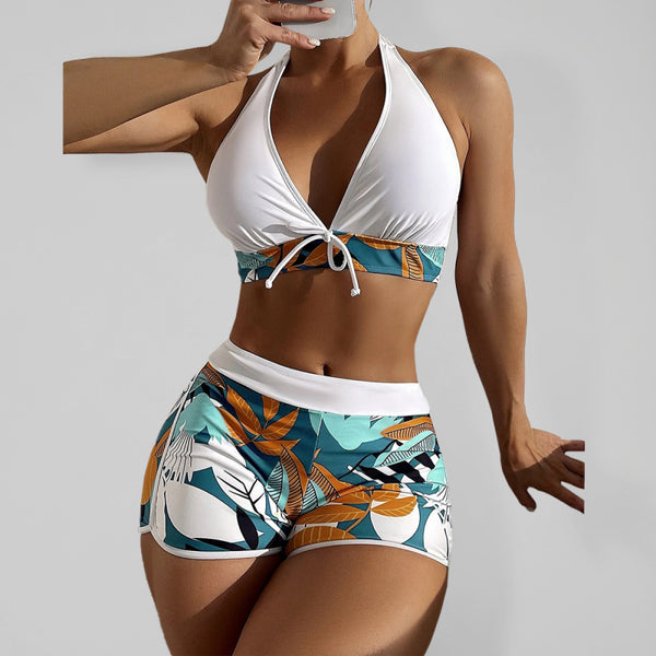 Swimsuit Women's Split High Waist Boxer Ties Printed Solid Color Stitching Bikini - AnnieMae21