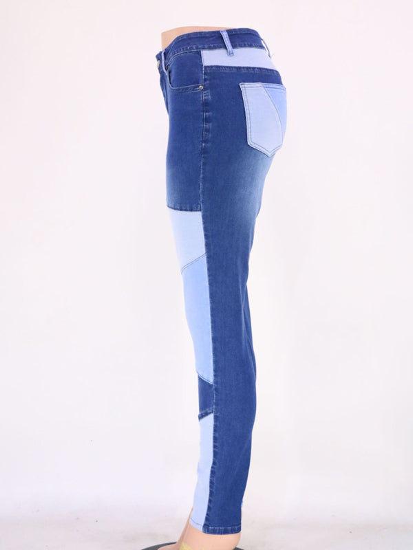 Women's Two-color Stitching Street Wash High Waist Skinny Jeans - AnnieMae21