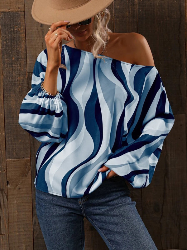 Women's Allover Letter Graphic, One Shoulder Loose Ballon Sleeve Top - AnnieMae21