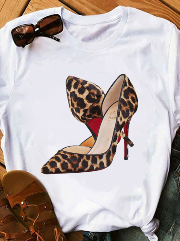 sexy leopard print lips t-shirt round neck short-sleeved T-shirt women's top