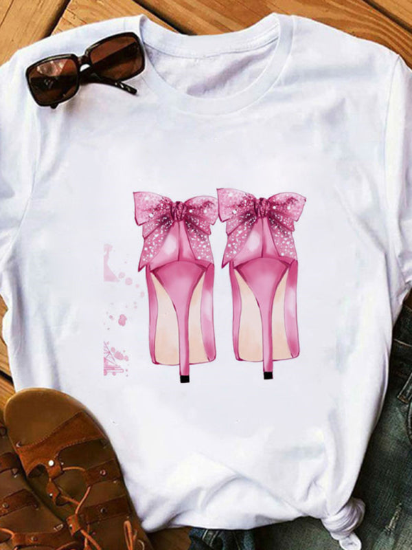 sexy leopard print lips t-shirt round neck short-sleeved T-shirt women's top