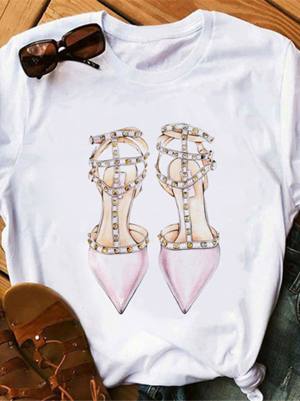 sexy leopard print lips t-shirt round neck short-sleeved T-shirt women's top